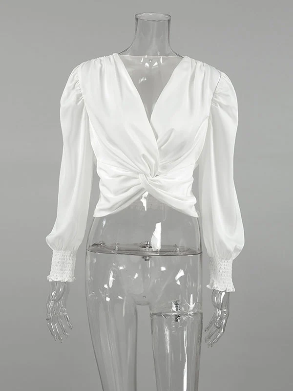 Loose Puff Sleeves Elasticity Pleated Solid Color Split-Joint V-Neck Blouses&Shirts Tops - Image 6