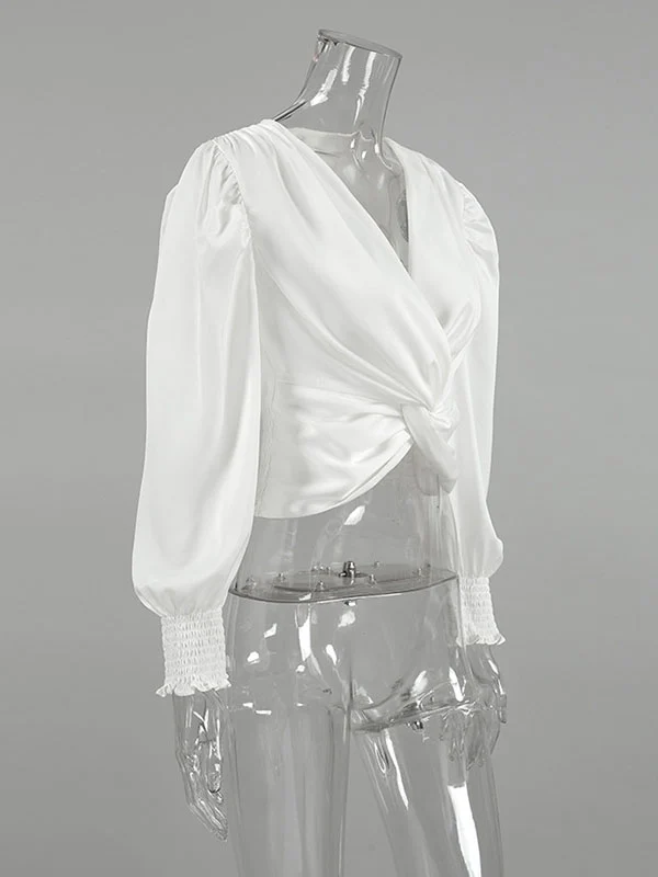 Loose Puff Sleeves Elasticity Pleated Solid Color Split-Joint V-Neck Blouses&Shirts Tops - Image 7