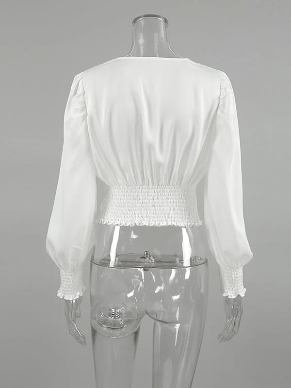 Loose Puff Sleeves Elasticity Pleated Solid Color Split-Joint V-Neck Blouses&Shirts Tops - Image 8
