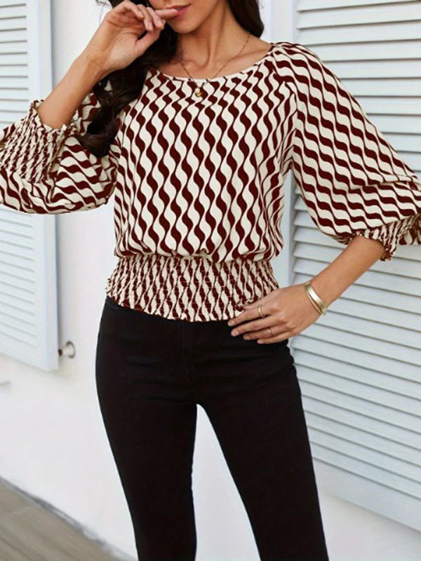 Loose Puff Sleeves Elasticity Printed Split-Joint Round-Neck Blouses&Shirts Tops - Image 10