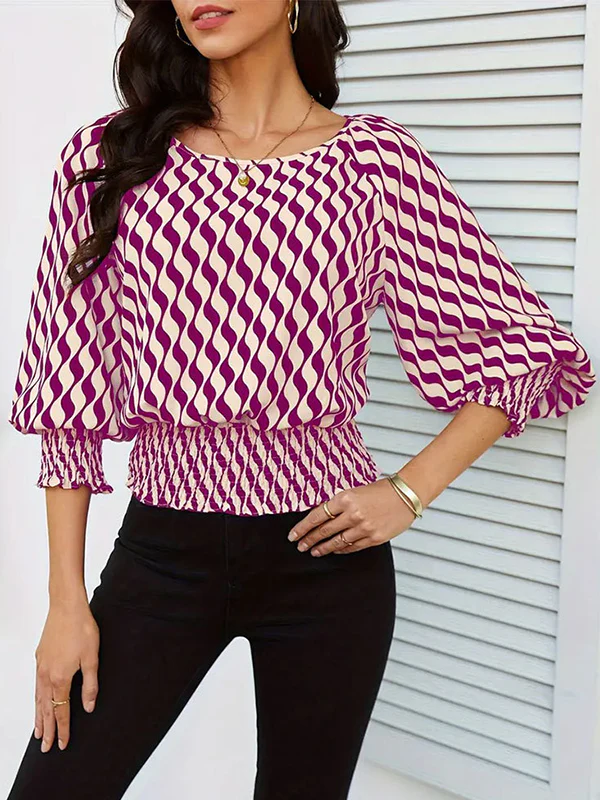 Loose Puff Sleeves Elasticity Printed Split-Joint Round-Neck Blouses&Shirts Tops - Image 2