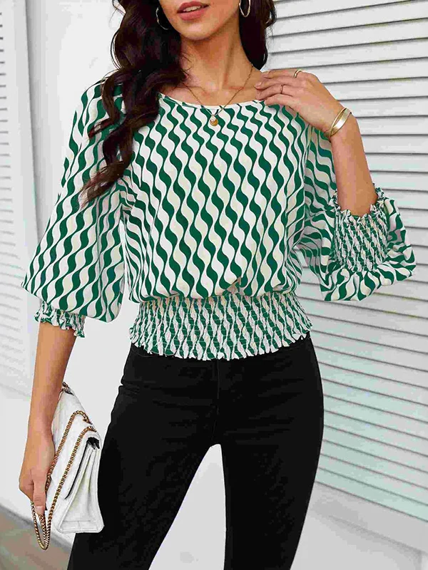 Loose Puff Sleeves Elasticity Printed Split-Joint Round-Neck Blouses&Shirts Tops - Image 4
