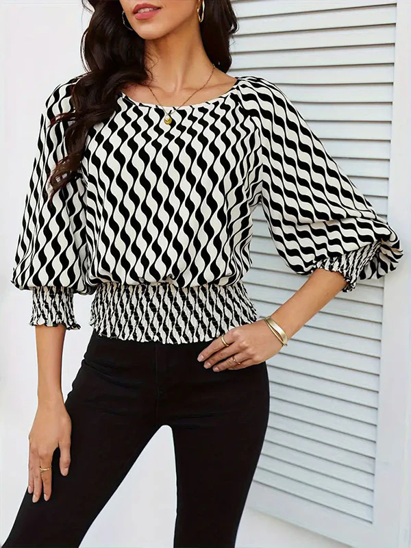 Loose Puff Sleeves Elasticity Printed Split-Joint Round-Neck Blouses&Shirts Tops - Image 5