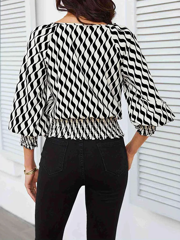 Loose Puff Sleeves Elasticity Printed Split-Joint Round-Neck Blouses&Shirts Tops - Image 6