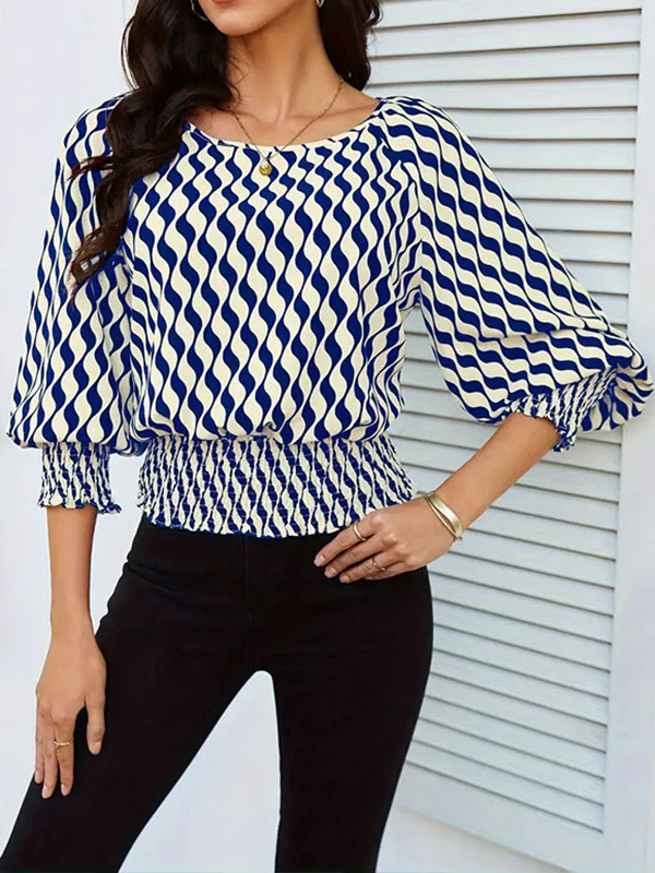 Loose Puff Sleeves Elasticity Printed Split-Joint Round-Neck Blouses&Shirts Tops - Image 8