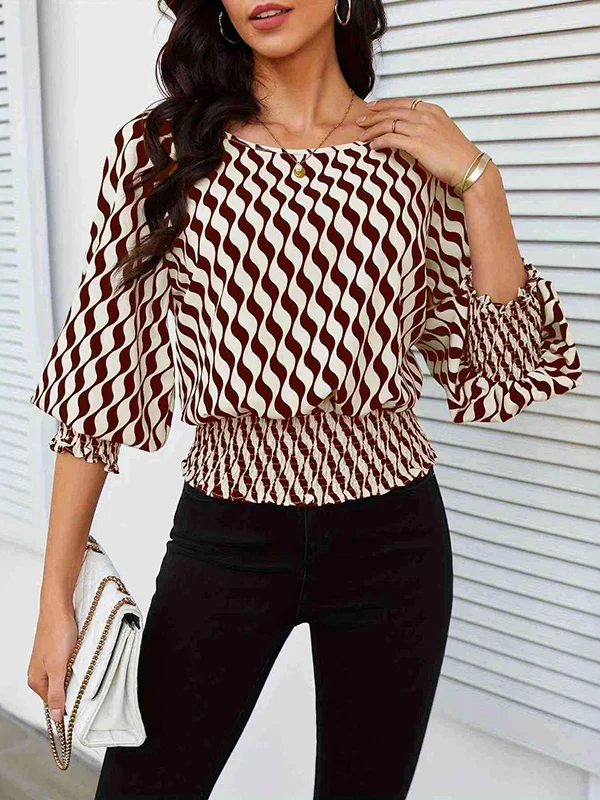 Loose Puff Sleeves Elasticity Printed Split-Joint Round-Neck Blouses&Shirts Tops - Image 9