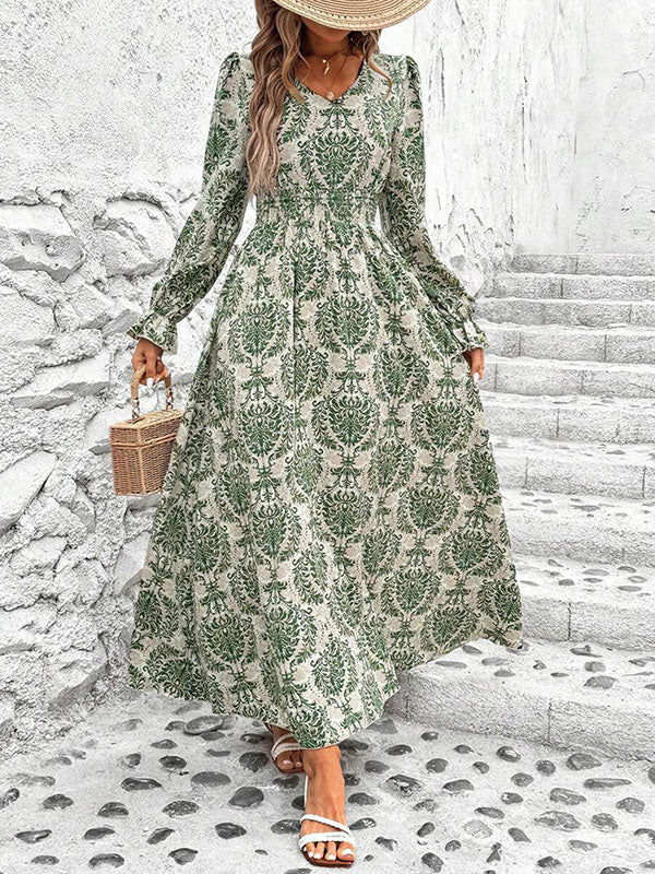 Loose Puff Sleeves Elasticity Printed Split-Joint V-Neck Maxi Dresses - Image 2