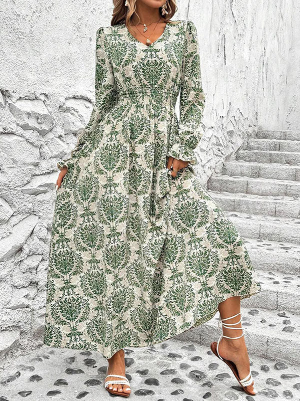 Loose Puff Sleeves Elasticity Printed Split-Joint V-Neck Maxi Dresses - Image 3