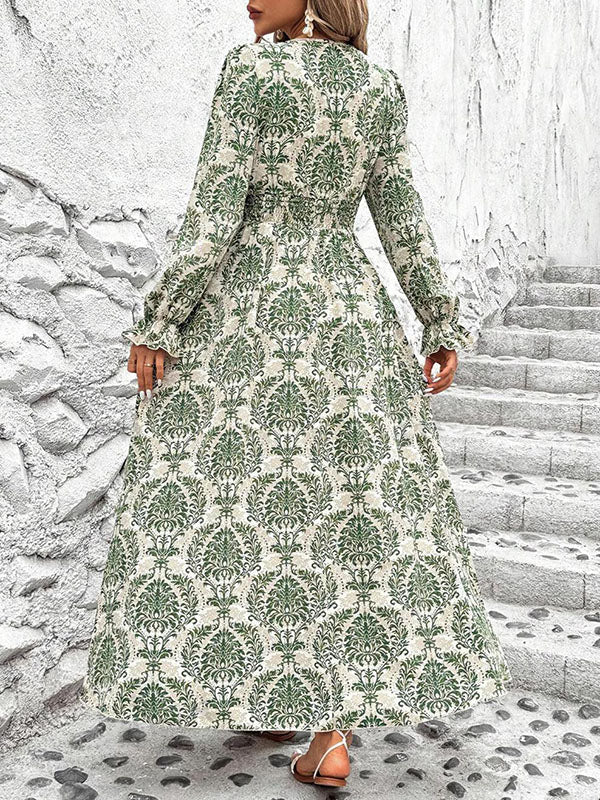 Loose Puff Sleeves Elasticity Printed Split-Joint V-Neck Maxi Dresses - Image 4