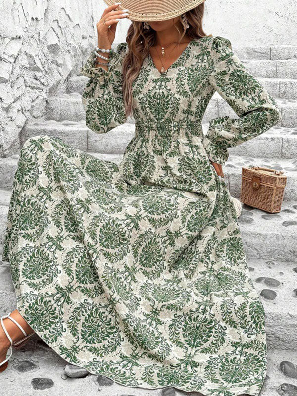 Loose Puff Sleeves Elasticity Printed Split-Joint V-Neck Maxi Dresses - Image 5
