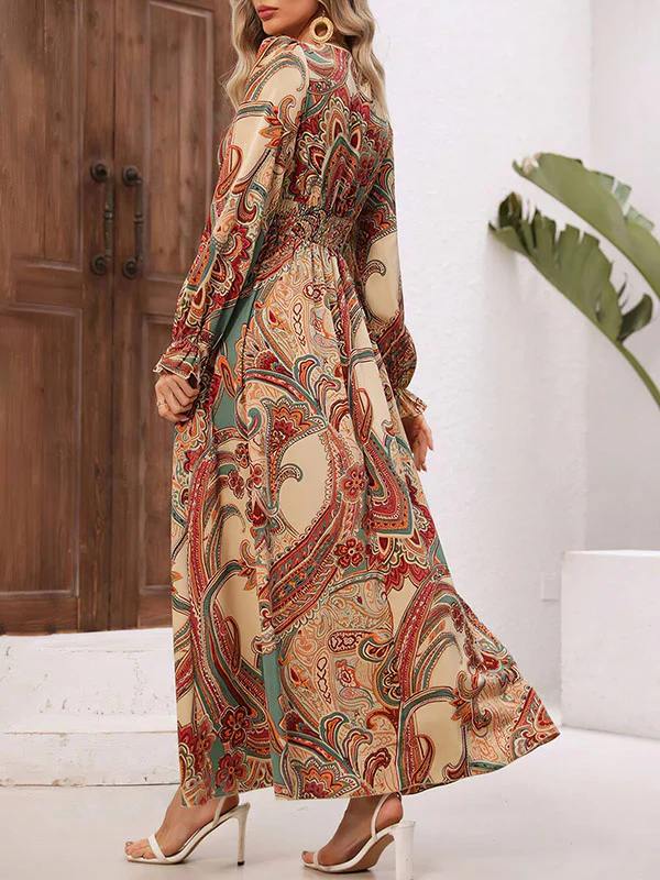 Loose Puff Sleeves Elasticity Printed V-Neck Maxi Dresses - Image 4