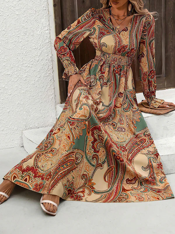 Loose Puff Sleeves Elasticity Printed V-Neck Maxi Dresses - Image 5