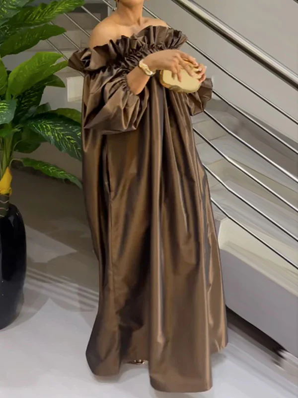 Loose Puff Sleeves Falbala Pleated Solid Color Off-The-Shoulder Maxi Dresses - Image 2