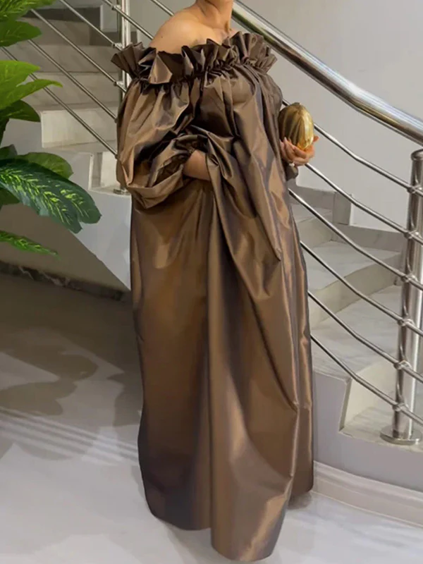 Loose Puff Sleeves Falbala Pleated Solid Color Off-The-Shoulder Maxi Dresses - Image 3
