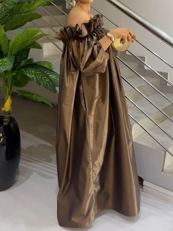 Loose Puff Sleeves Falbala Pleated Solid Color Off-The-Shoulder Maxi Dresses - Image 4