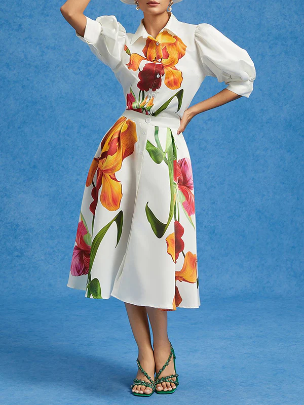 Loose Puff Sleeves Floral Printed Pleated Split-Joint Lapel Blouses&Shirts Tops - Image 2