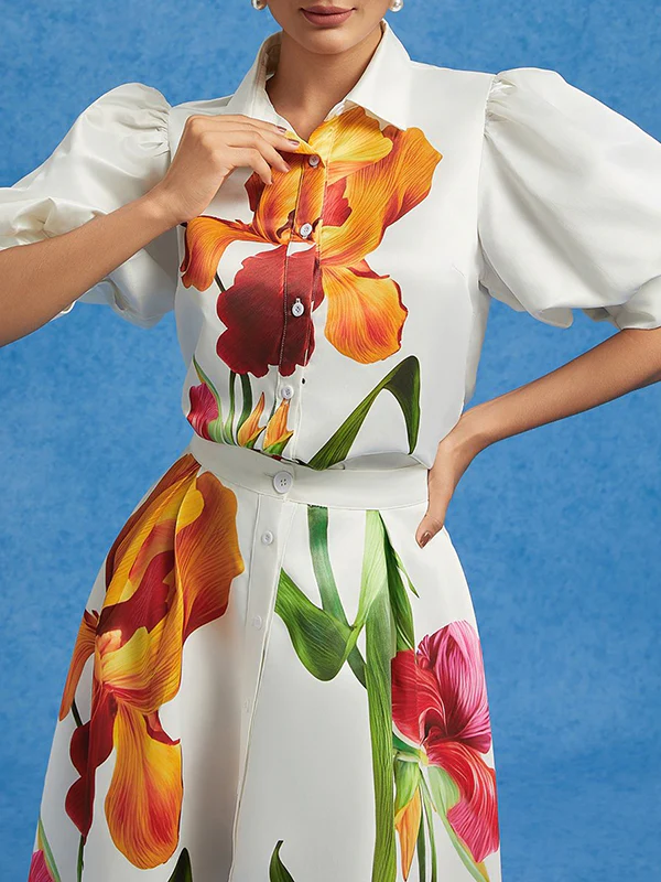 Loose Puff Sleeves Floral Printed Pleated Split-Joint Lapel Blouses&Shirts Tops - Image 3