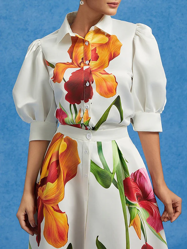 Loose Puff Sleeves Floral Printed Pleated Split-Joint Lapel Blouses&Shirts Tops - Image 4