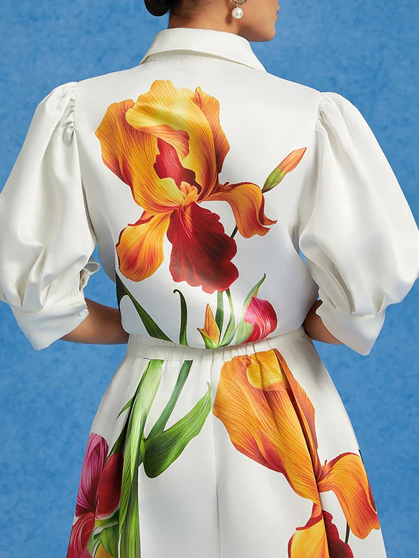 Loose Puff Sleeves Floral Printed Pleated Split-Joint Lapel Blouses&Shirts Tops - Image 5