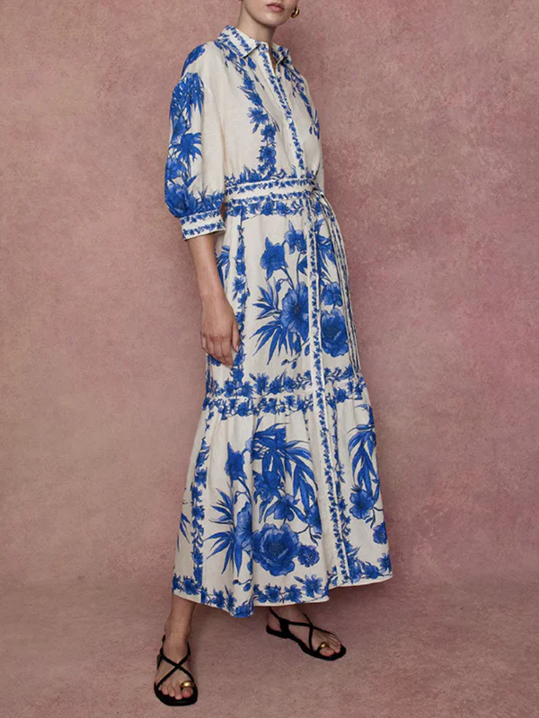 Loose Puff Sleeves Floral Printed Pleated Split-Joint Tied Waist Lapel Maxi Dresses Shirt Dress