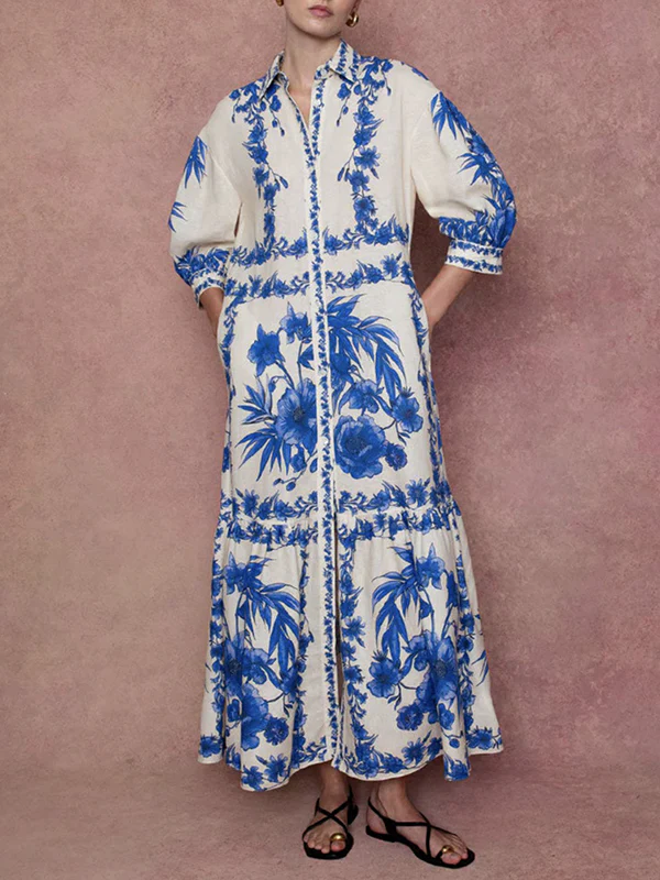 Loose Puff Sleeves Floral Printed Pleated Split-Joint Tied Waist Lapel Maxi Dresses Shirt Dress - Image 2