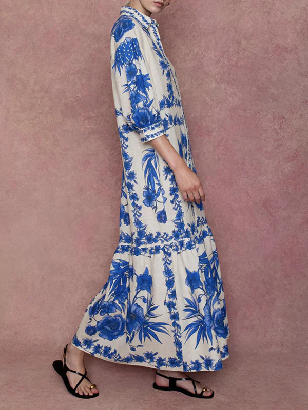 Loose Puff Sleeves Floral Printed Pleated Split-Joint Tied Waist Lapel Maxi Dresses Shirt Dress - Image 3