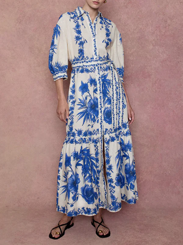 Loose Puff Sleeves Floral Printed Pleated Split-Joint Tied Waist Lapel Maxi Dresses Shirt Dress - Image 4