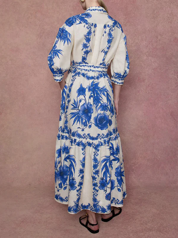 Loose Puff Sleeves Floral Printed Pleated Split-Joint Tied Waist Lapel Maxi Dresses Shirt Dress - Image 5