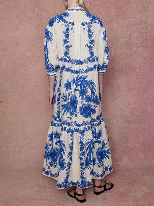 Loose Puff Sleeves Floral Printed Pleated Split-Joint Tied Waist Lapel Maxi Dresses Shirt Dress - Image 6