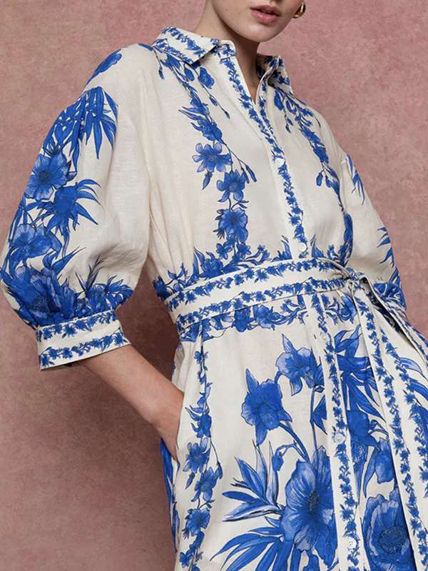 Loose Puff Sleeves Floral Printed Pleated Split-Joint Tied Waist Lapel Maxi Dresses Shirt Dress - Image 7