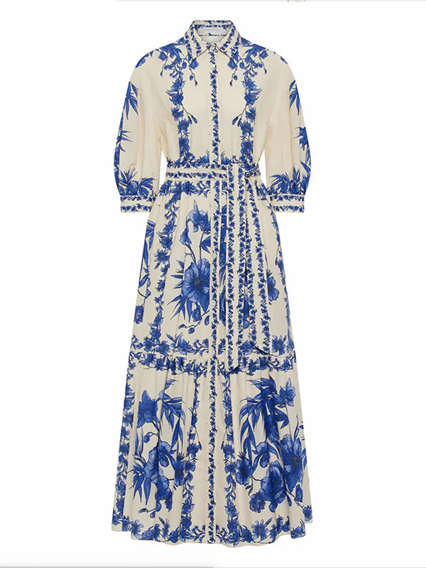 Loose Puff Sleeves Floral Printed Pleated Split-Joint Tied Waist Lapel Maxi Dresses Shirt Dress - Image 8
