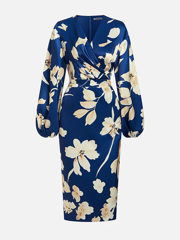 Loose Puff Sleeves Floral Printed Pleated Split-Joint V-Neck Midi Dresses - Image 2
