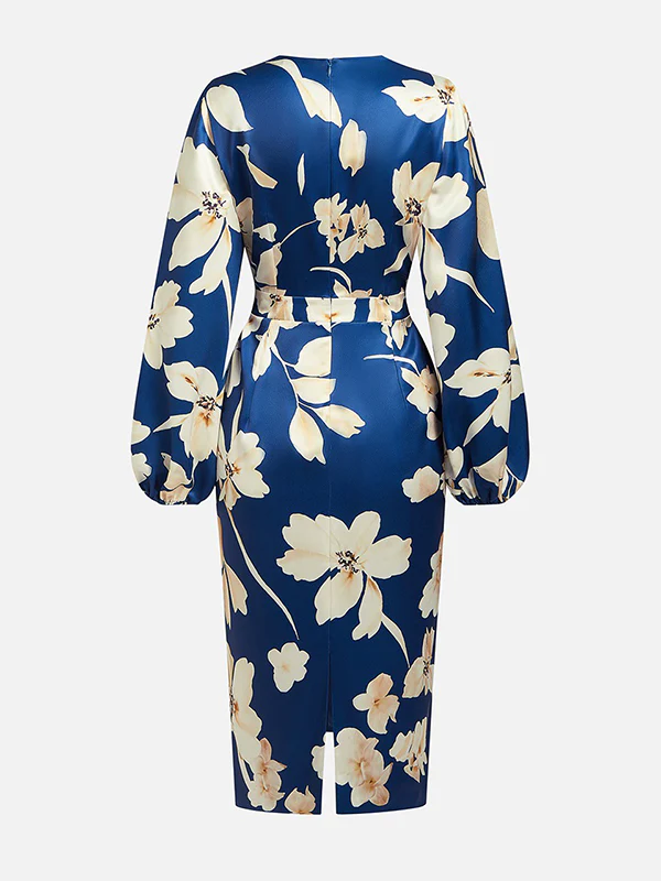 Loose Puff Sleeves Floral Printed Pleated Split-Joint V-Neck Midi Dresses - Image 3