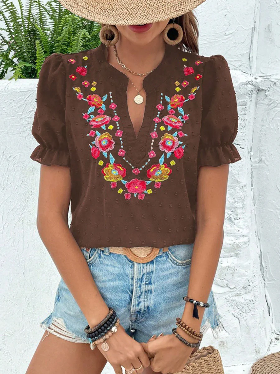 Loose Puff Sleeves Flower-Embellished Contrast Color Jacquard Pleated Ruffled Split-Joint V-Neck Blouses&Shirts Tops - Image 10