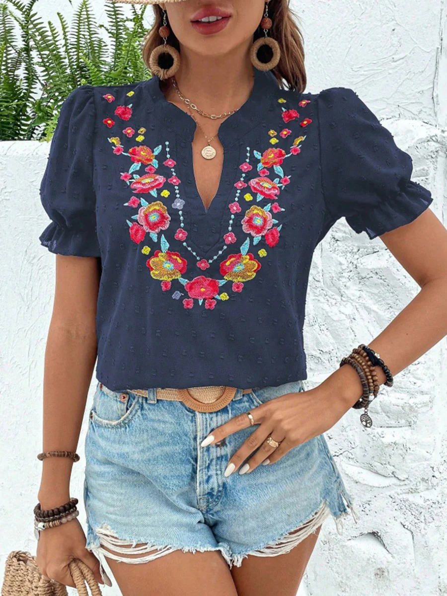 Loose Puff Sleeves Flower-Embellished Contrast Color Jacquard Pleated Ruffled Split-Joint V-Neck Blouses&Shirts Tops - Image 14