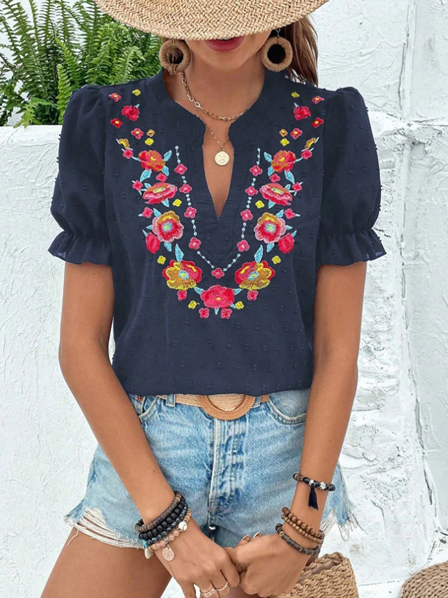 Loose Puff Sleeves Flower-Embellished Contrast Color Jacquard Pleated Ruffled Split-Joint V-Neck Blouses&Shirts Tops - Image 17