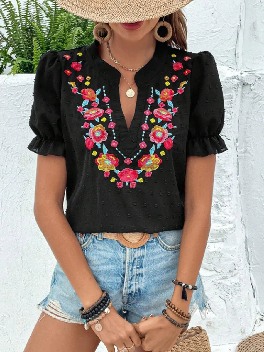 Loose Puff Sleeves Flower-Embellished Contrast Color Jacquard Pleated Ruffled Split-Joint V-Neck Blouses&Shirts Tops - Image 2