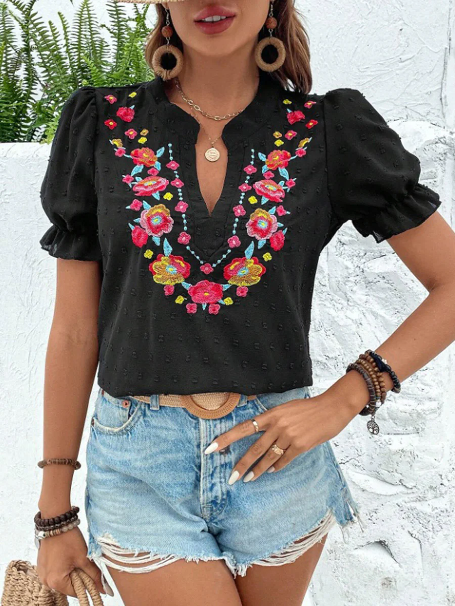 Loose Puff Sleeves Flower-Embellished Contrast Color Jacquard Pleated Ruffled Split-Joint V-Neck Blouses&Shirts Tops - Image 3