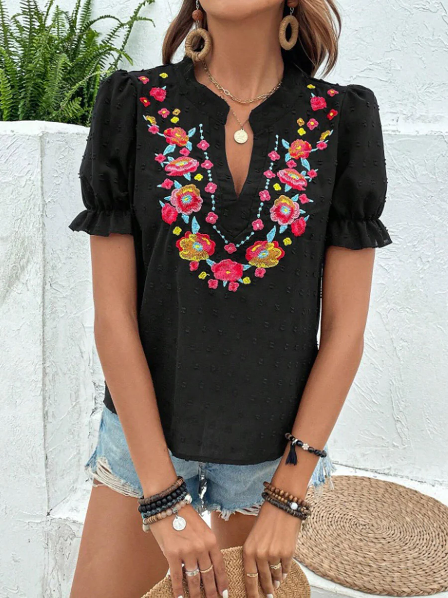 Loose Puff Sleeves Flower-Embellished Contrast Color Jacquard Pleated Ruffled Split-Joint V-Neck Blouses&Shirts Tops - Image 5