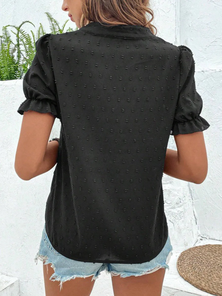 Loose Puff Sleeves Flower-Embellished Contrast Color Jacquard Pleated Ruffled Split-Joint V-Neck Blouses&Shirts Tops - Image 6