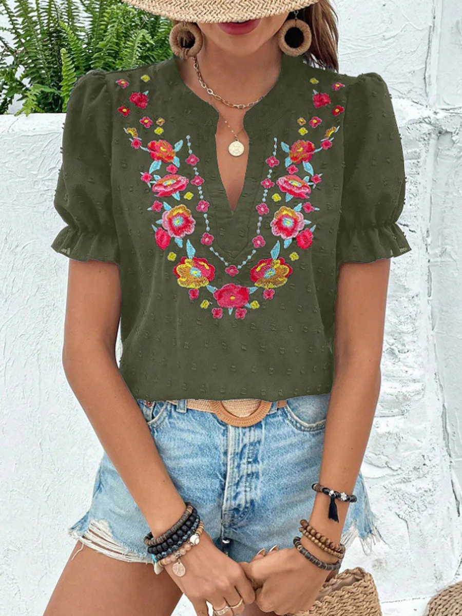 Loose Puff Sleeves Flower-Embellished Contrast Color Jacquard Pleated Ruffled Split-Joint V-Neck Blouses&Shirts Tops - Image 7