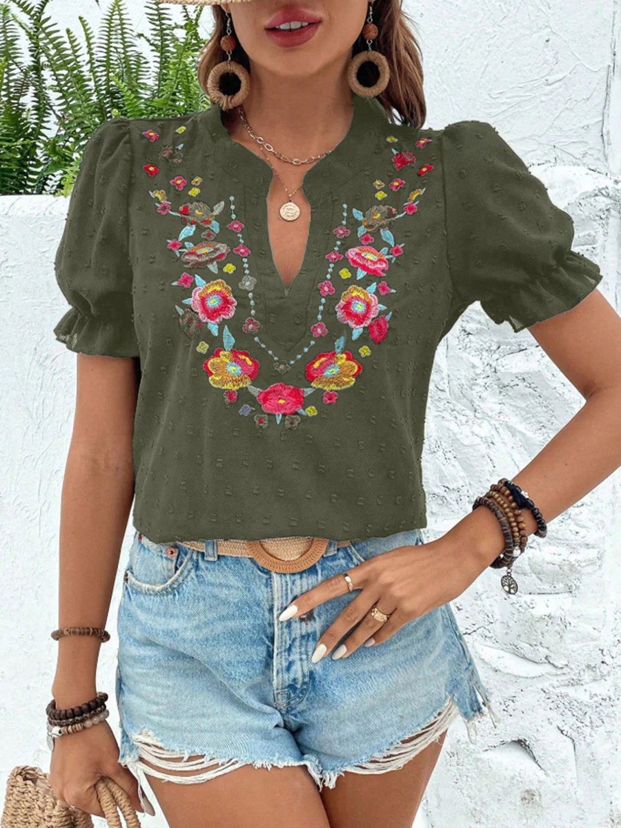 Loose Puff Sleeves Flower-Embellished Contrast Color Jacquard Pleated Ruffled Split-Joint V-Neck Blouses&Shirts Tops - Image 8