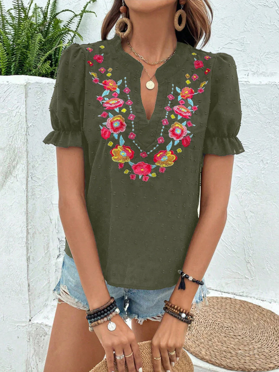 Loose Puff Sleeves Flower-Embellished Contrast Color Jacquard Pleated Ruffled Split-Joint V-Neck Blouses&Shirts Tops - Image 9