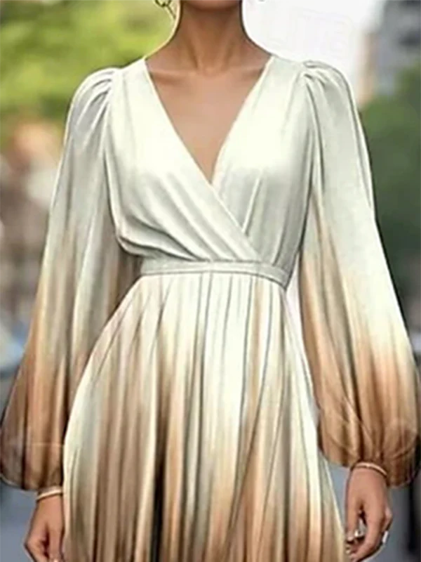 Loose Puff Sleeves Gradient Pleated Split-Joint V-Neck Evening Dresses Midi Dresses - Image 2
