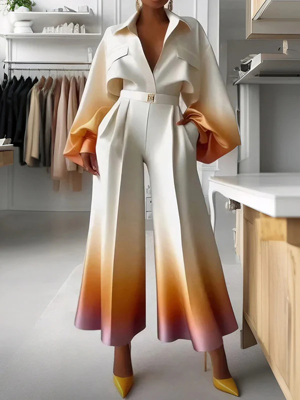 Loose Puff Sleeves Gradient Split-Joint Lapel Blouses&Shirts Tops - Image 3