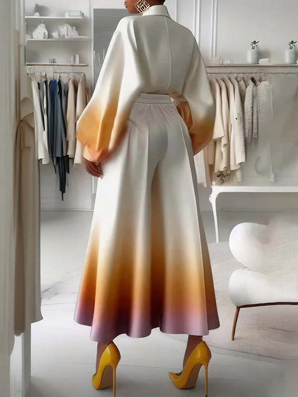 Loose Puff Sleeves Gradient Split-Joint Lapel Blouses&Shirts Tops - Image 4