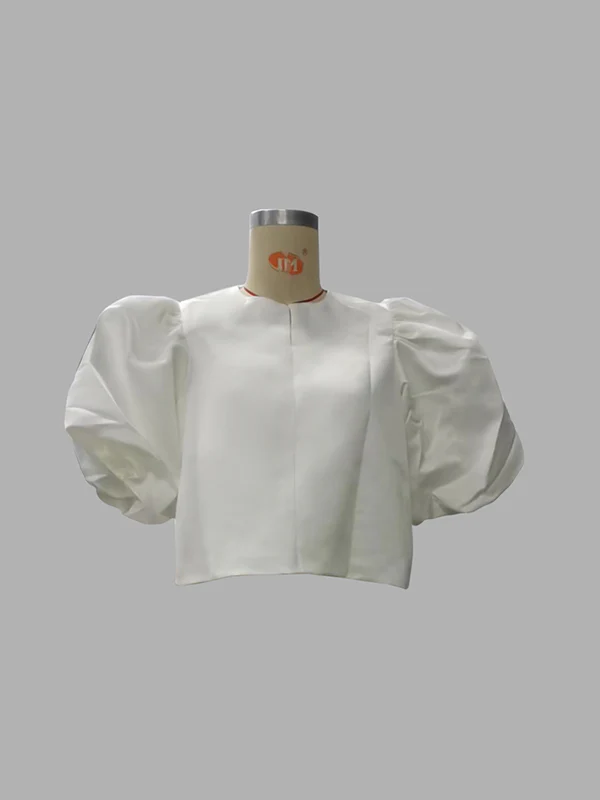 Loose Puff Sleeves Hollow Solid Color Split-Joint Round-Neck Blouses - Image 11