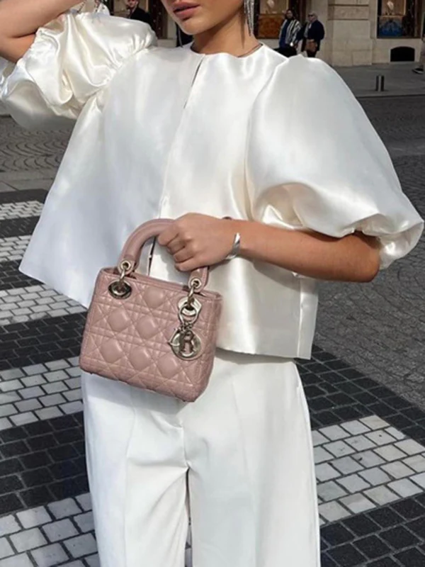 Loose Puff Sleeves Hollow Solid Color Split-Joint Round-Neck Blouses - Image 2