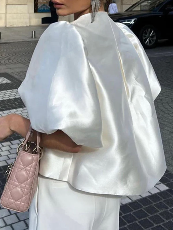 Loose Puff Sleeves Hollow Solid Color Split-Joint Round-Neck Blouses - Image 3