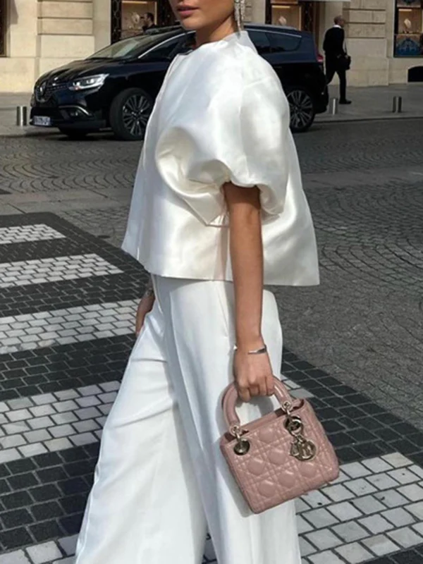 Loose Puff Sleeves Hollow Solid Color Split-Joint Round-Neck Blouses - Image 4